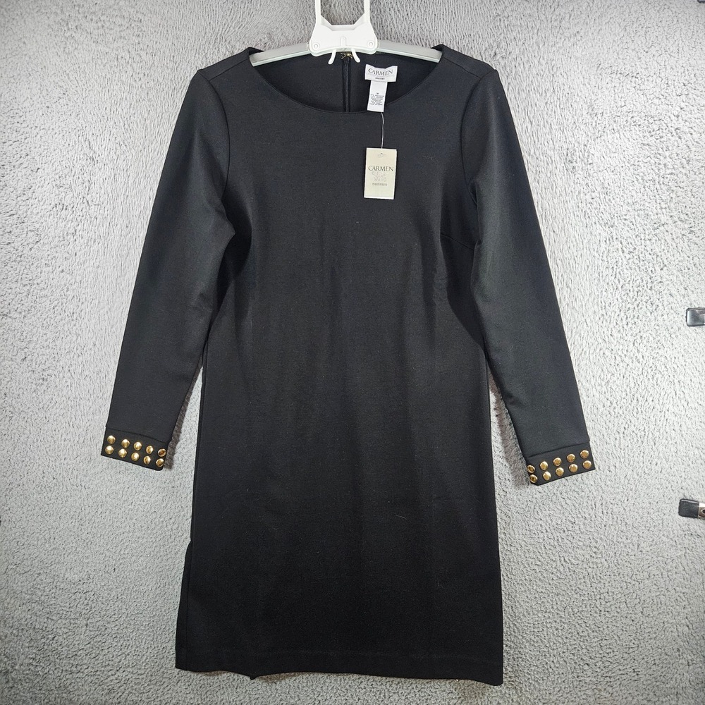 Carmen Marc Valvo Black Ponte Dress Studded Cuffs Womens Size M New NWT